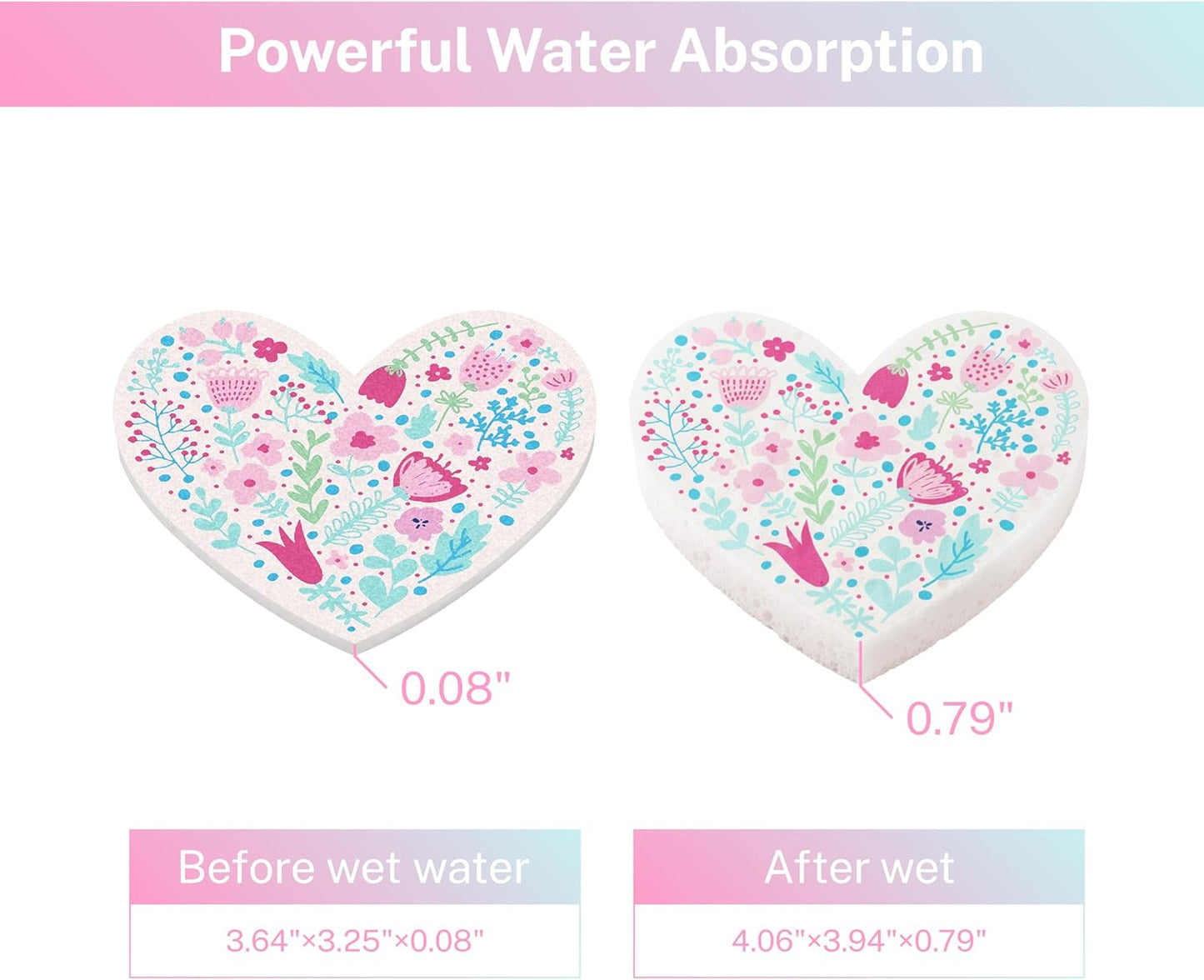 5 Pack Heart Shaped Sponges, Non-Scratch Cleaning Sponges with Floral Pattern, Kitchen Heavy Duty Scrub Sponge, Pop Up Eco Valentine's Day Sponges (Pink)