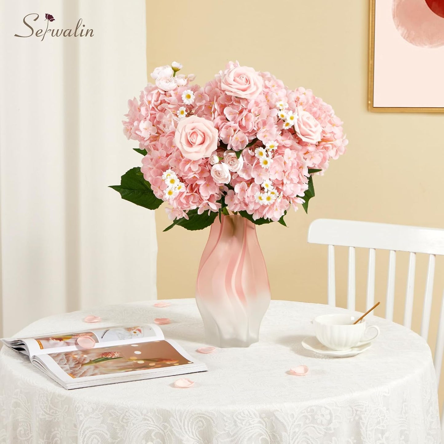 Serwalin 𝟱𝙋𝘾𝙎 3D Real Touch Hydrangea Artificial Flowers, 20in Lifelike Pink Latex Fake Hydrangea Flowers for Wedding Office Family Party Living Room Table Decoration (Pink)