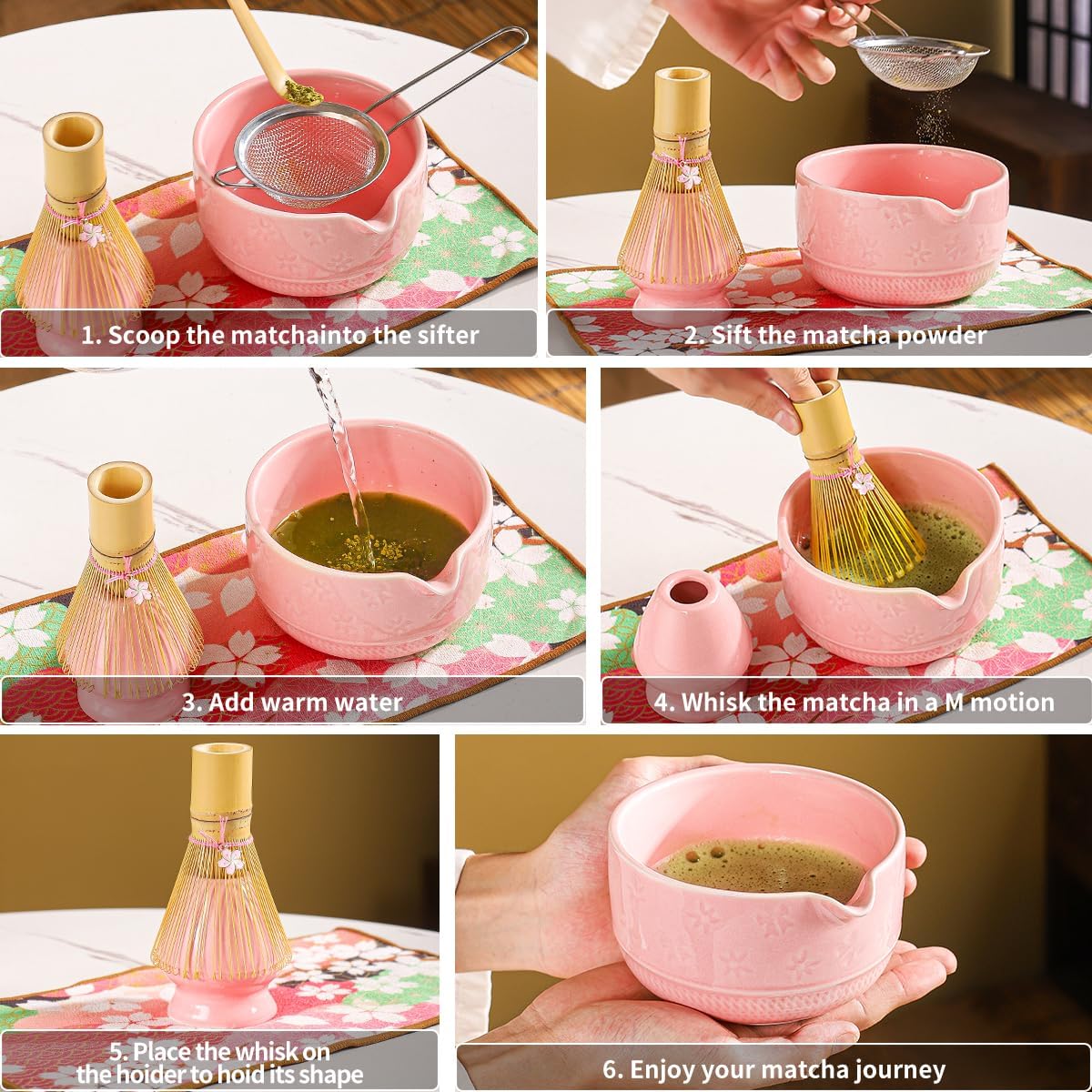 8-Piece Matcha Tea Set with Ceramic Bowls (Flower Pattern), Bamboo Whisk, Scoop, Spoon & Pink Sakura Gift Box – Traditional Japanese Matcha Whisking Kit for Tea Lovers (pink)