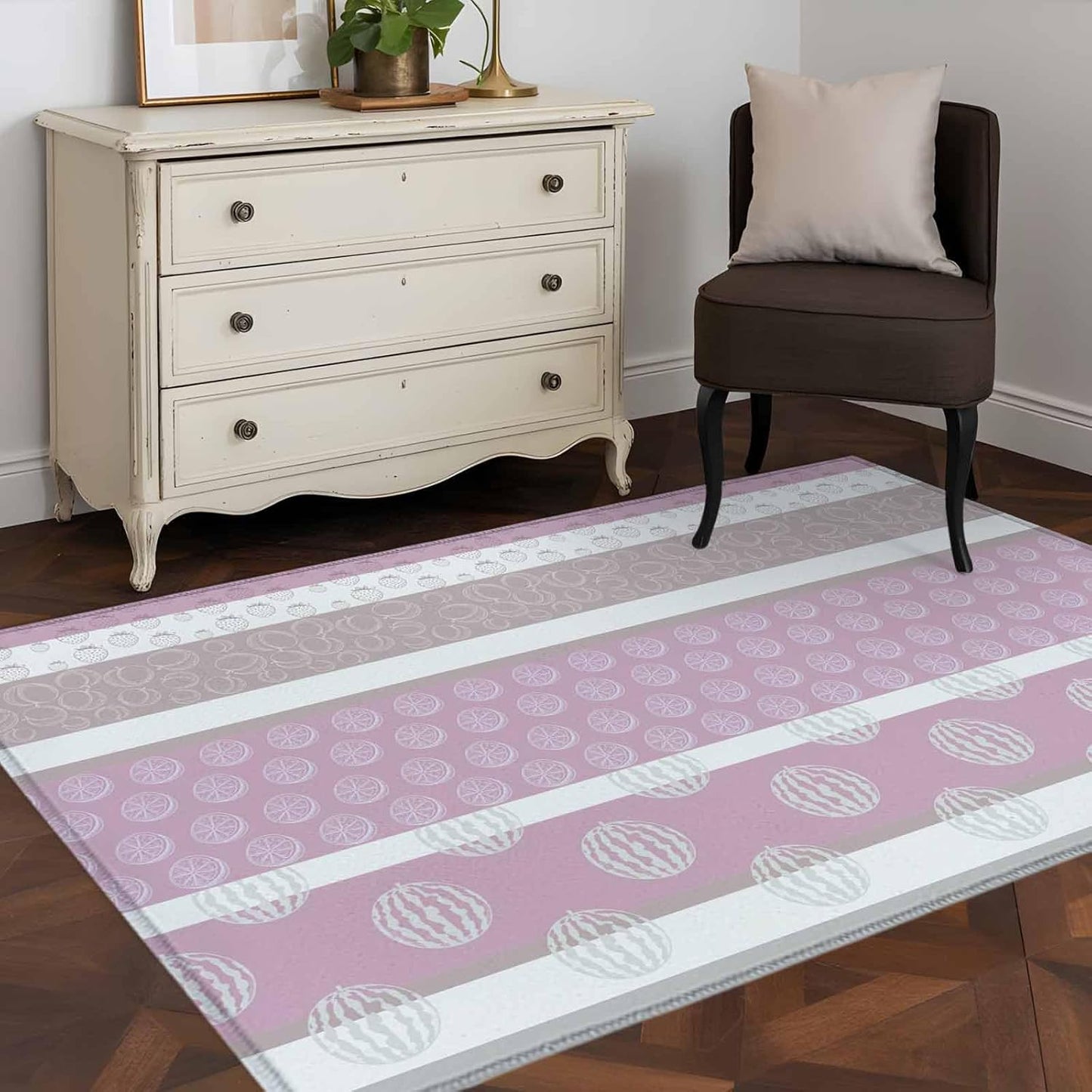3 x 5 Ft Area Rug for Reading Room. Farm Fruits Indoor Accent Rugs for Living Room, Watermelon Lemons Peach Pink Grey Striped Decorative Modern Carpet Washable Low Pile Non Slip Rug for Bedroom