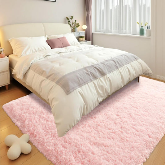 Terrug Pink Fluffy Area Rug for Bedroom, 4x6 Ft Tie-Dyed Shag Throw Rugs, Soft Machine Washable Plush Carpet with Non Slip Backing for Girls Kids Room Bedside Floor Decoration