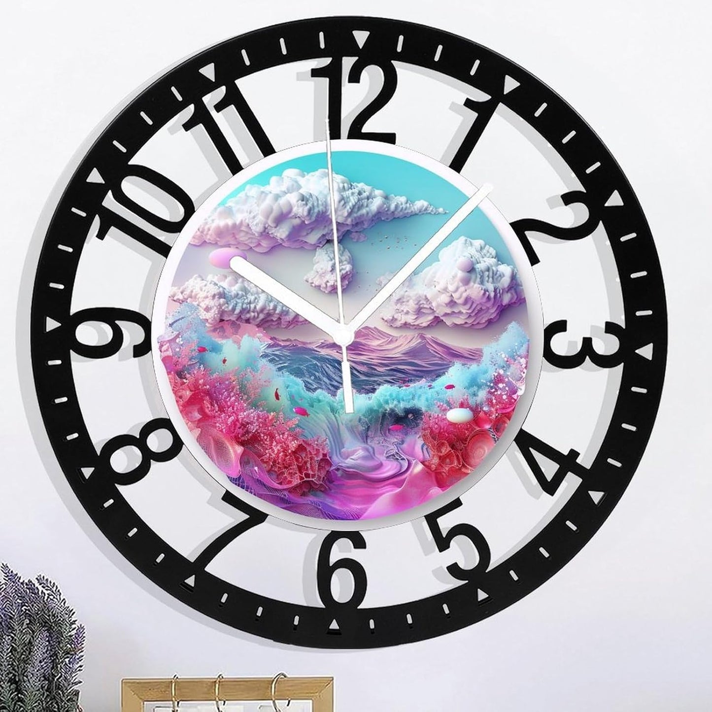 Metal Wall Clock for Living Room -10" Cloud Mountains Ocean Pink Coral Silent Non Ticking,Battery Operated, Antique Wood Clocks for Farmhouse,Dining Room,Bedroom,Kitchen Clock Wall Decor- Arabic Numer