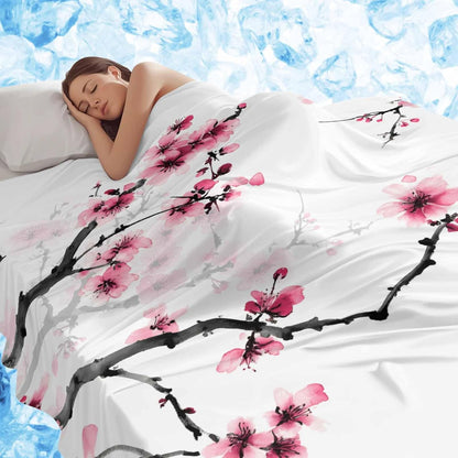 Pink Flowers Cooling Blanket, Lightweight Breathable Summer Throw Blanket with Double Sided Cold Effect, Watercolor Blossoms Florals Branches Picnic Beach Blankets Bed Sheet for Hot Sleepers 30"x40"