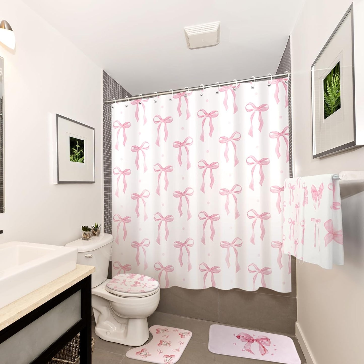 8 Pcs Pink Bow for Shower Curtain Sets for Bathroom Decor Cute Coquette Bathroom Accessories Preppy Bow Knot Aesthetic Girly Shower Curtain Sets with Towels Carpet Bath Mat Toilet Rugs and 12 Hooks