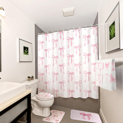 8 Pcs Pink Bow for Shower Curtain Sets for Bathroom Decor Cute Coquette Bathroom Accessories Preppy Bow Knot Aesthetic Girly Shower Curtain Sets with Towels Carpet Bath Mat Toilet Rugs and 12 Hooks