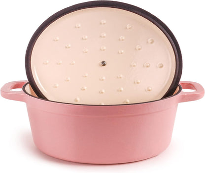 BergHOFF Neo 5Pc Enameled Cast Iron Cookware Set, 5qt., 8qt. Dutch Ovens, Matching Lids, Fry Pan 10 Inches, Fast, Evenly Heat, Oven Safe (Pink)