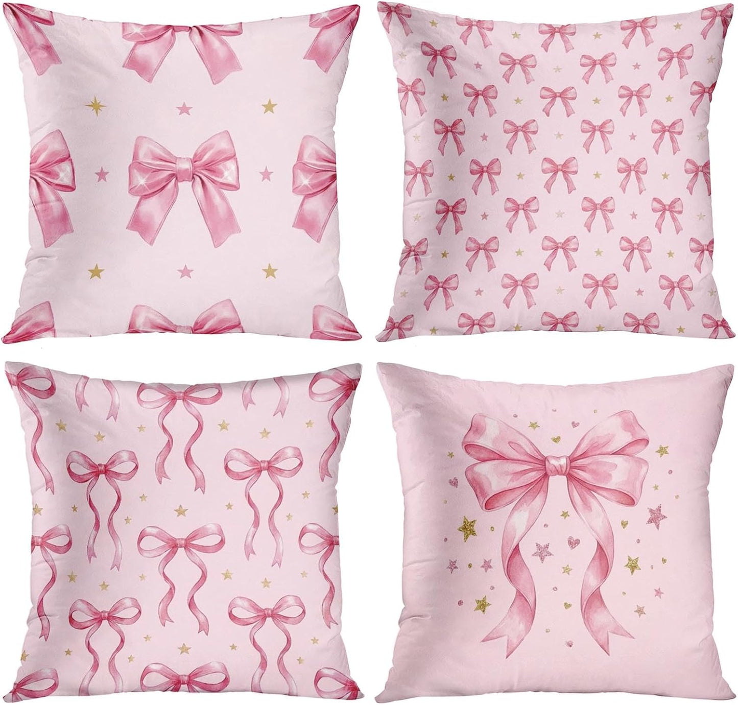 Throw Pillow Covers 18x18 Set of 4, Pink Bow Decorative Pillow Cases, Girly Coquette Cushion Covers for Couch Bed Sofa Living Room Home Decor