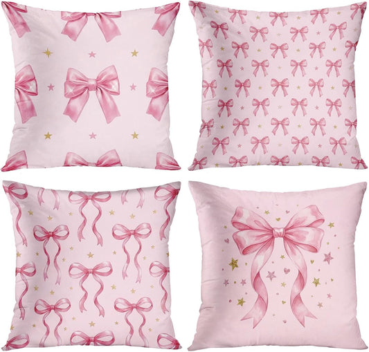 Throw Pillow Covers 18x18 Set of 4, Pink Bow Decorative Pillow Cases, Girly Coquette Cushion Covers for Couch Bed Sofa Living Room Home Decor