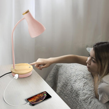 LALISU Metal Desk Lamp Wireless Charging Table Lamp Touch Reading Lights Arc Desk Lamps for Bedroom, 3 Way Dimmable Bedside Lamp with USB Charging Ports Lamp for Study Room and Office (Touch-Pink)