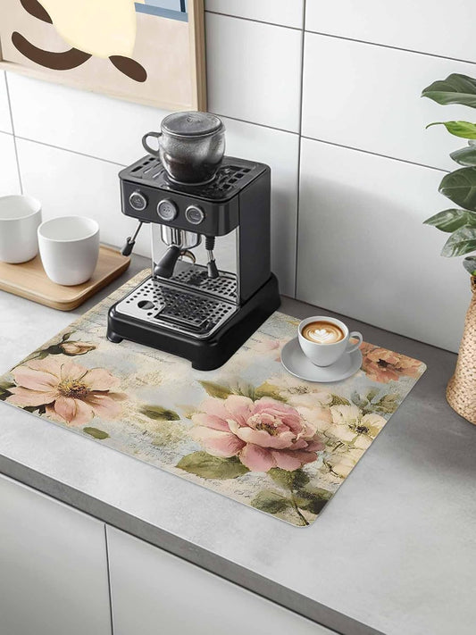 Watercolor Pink White Flowers Coffee Mat Vintage Letter Texture Absorbent Bar Mat for Coffee Maker and Espresso Machine, Hide Stain Rubber Backed Dish Drying Mats for Kitchen Counter, 12"x20"