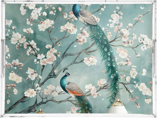 Peach Peacock,15.7 x 11.8 in Acrylic Serving Trays with Smooth Edge Design for Home and Workplace Use
