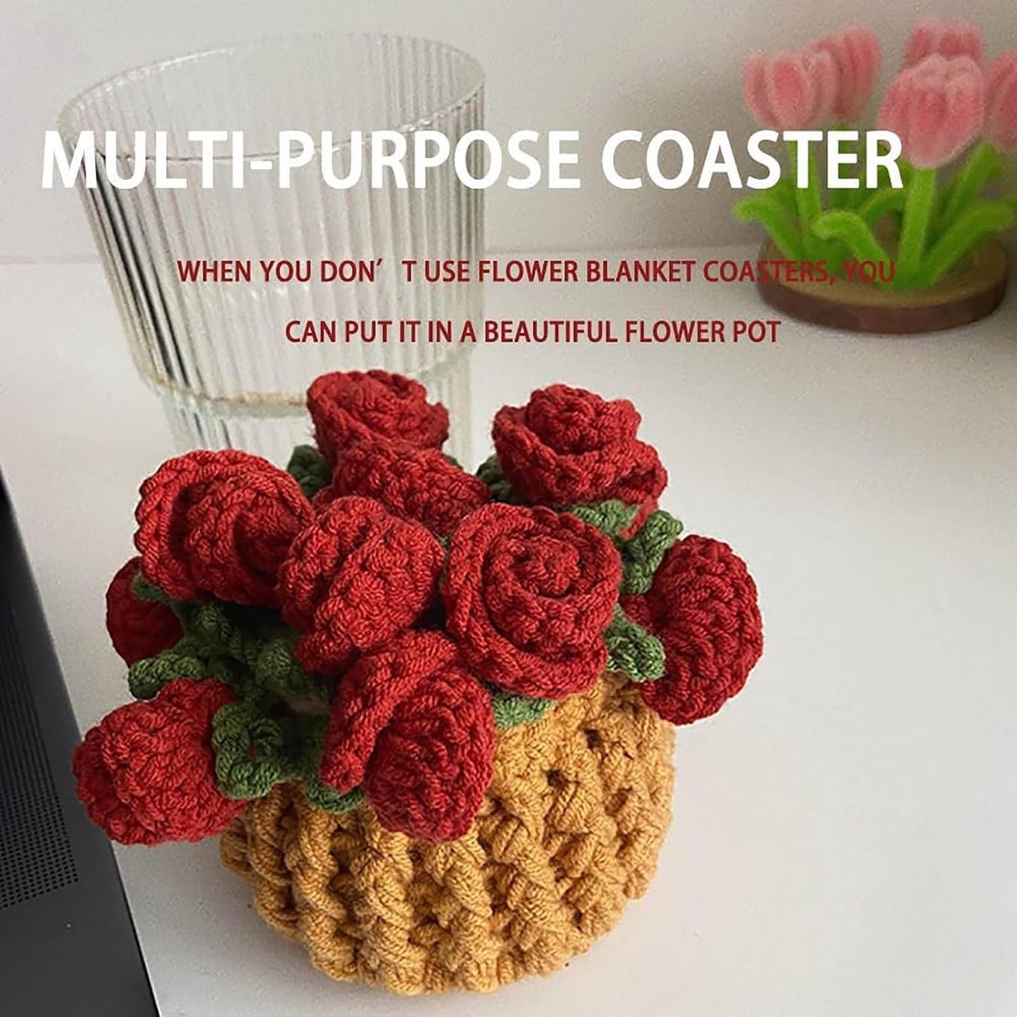 2 PCS Finished Rose Bouquet Coaster Flower Bouquet Blanket Coasters, Tabletop Flowers Mini Handmade Crochet Rose Romantic Knitted Gift for Girls Mom for Birthday (Pink)