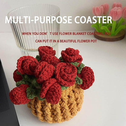 2 PCS Finished Rose Bouquet Coaster Flower Bouquet Blanket Coasters, Tabletop Flowers Mini Handmade Crochet Rose Romantic Knitted Gift for Girls Mom for Birthday (Pink)
