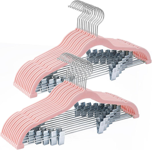 24-Pack Blush Pink Velvet Hangers with Clips Adjustable,Adult Hangers,Heavy-Duty,Felt,Non-Slip,Space Saving,Slim Outfit Hanger for Pants, Skirts, Suits,Coats, Dresses ect.