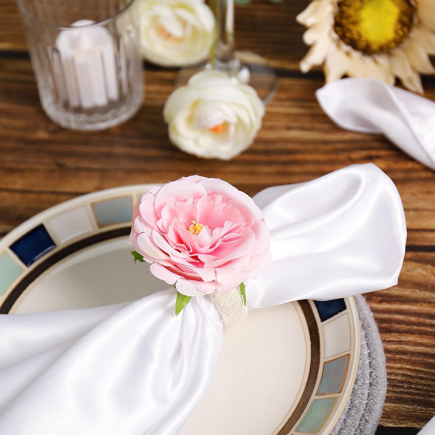 LogHog Handicraft Rose Flower Napkin Rings Set of 6,Hemp Rope Napkin Holder Rings Table Decorations for Wedding, Valentine's, Banquet, Christmas, Birthday, Thanksgiving