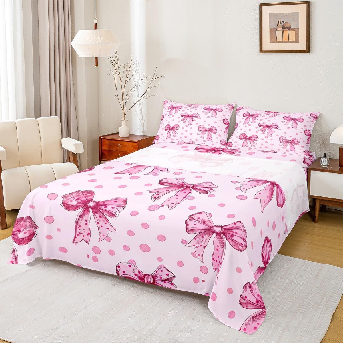 Erosebridal Pink Princess Bow Bed Sheets Full Cute Coquette Bowknot Sheet Set Kawaii Ribbon Bow Bedding Set for Kids Girls Teen,Pink Watercolor Polka Dot Fitted Flat Sheets 4 Piece