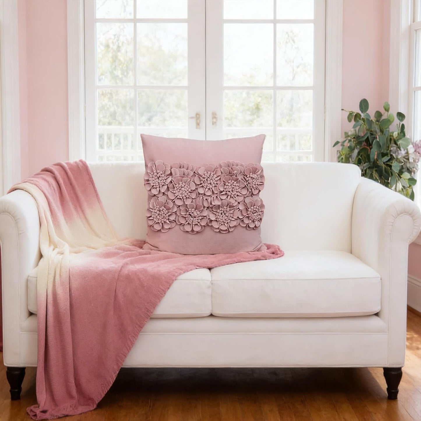 JWH Handmade 3D Flower Throw Pillow Covers Aesthetic Decorative Floral Accent Pillow Cases Stereo Velvet Pillowcase Cute Cushion for Car Bed Couch Bedroom Decor 18x18 Inch Dusty Pink