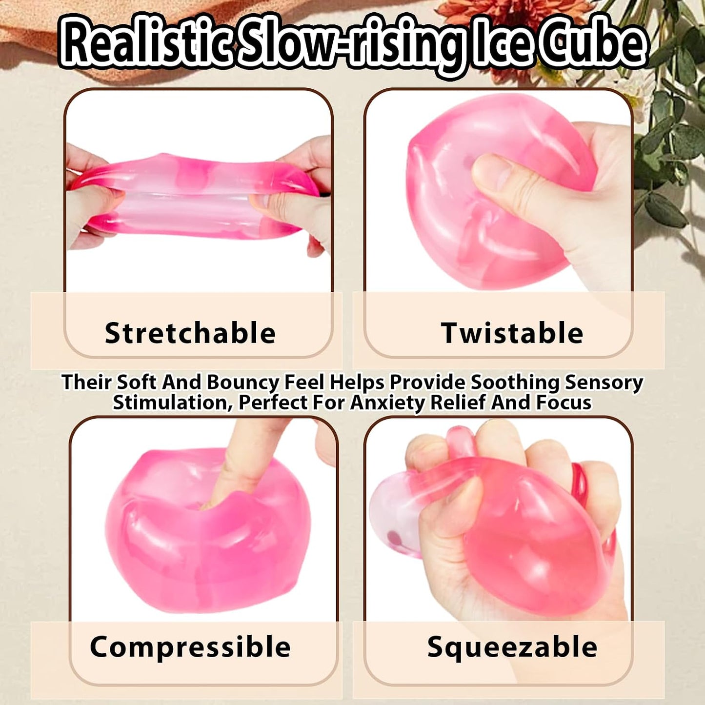 Ice Cube Squishy Stress Ball,1.98"*1.98" Medium Squishy Cube Fidget Toy, Ice Cube Pieces Silent Nice Square Shape Anxiety Sensory Squishy Fidget Toy Slow Rise, Classroom Prizes, Calming Kids(Pink)