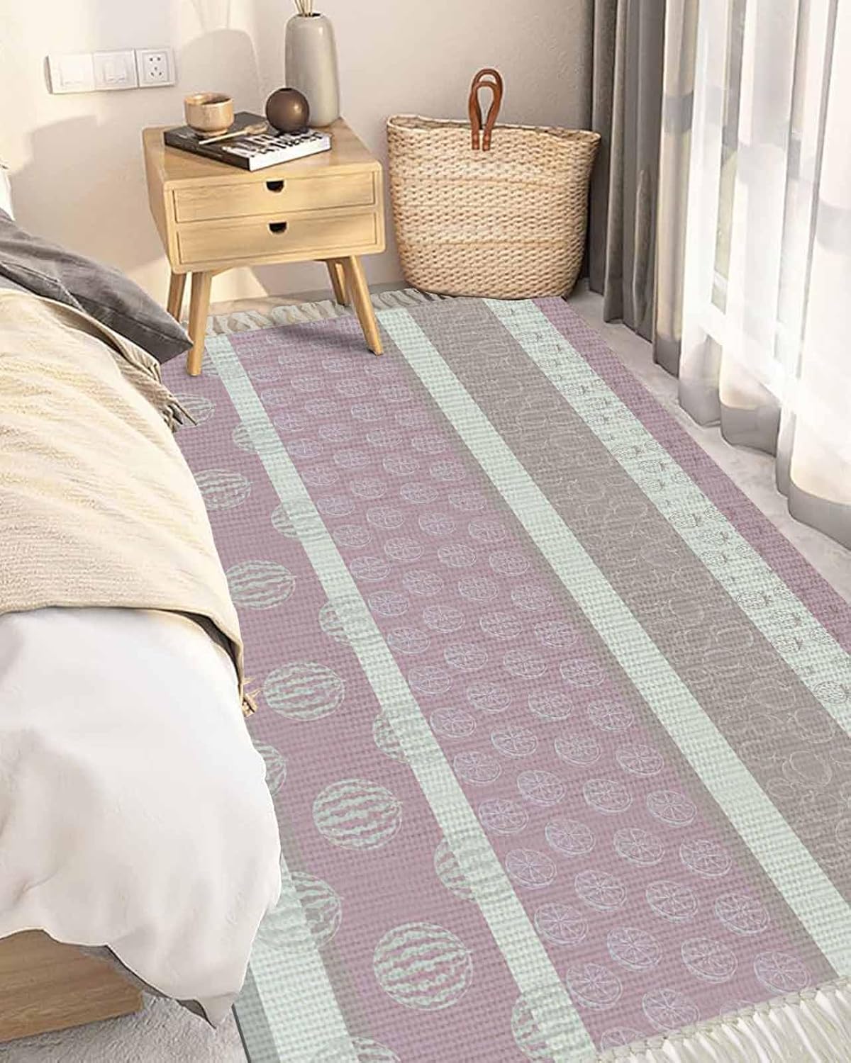 Bedroom Rug 3'x 5', Farm Fruits Washable Floor Carpet with Tassels, Watermelon Lemons Peach Pink Grey Striped Elegant Soft Carpet Floor Mat for Patio, Balcony, Laundry, Room Decor
