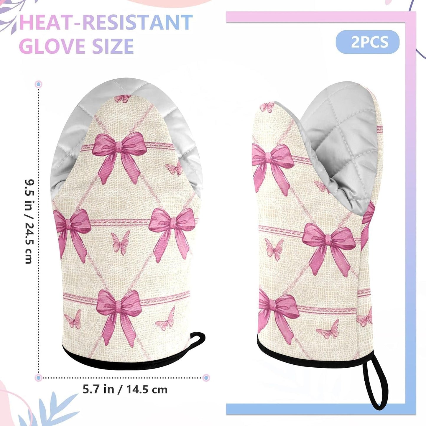 Oven Mitt 2 Pack Set Pink Bow Pattern Butterfly Kitchen Mitts Gloves for for Cooking Baking Grilling