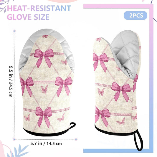 Oven Mitt 2 Pack Set Pink Bow Pattern Butterfly Kitchen Mitts Gloves for for Cooking Baking Grilling