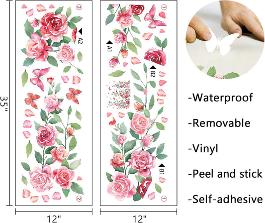Mfault Spring Summer Rose Flower Wall Decals Stickers, Watercolor Pink Floral Butterfly Decorations Bedroom Art, Romantic Botanical Petal Home Living Room Kitchen Decor
