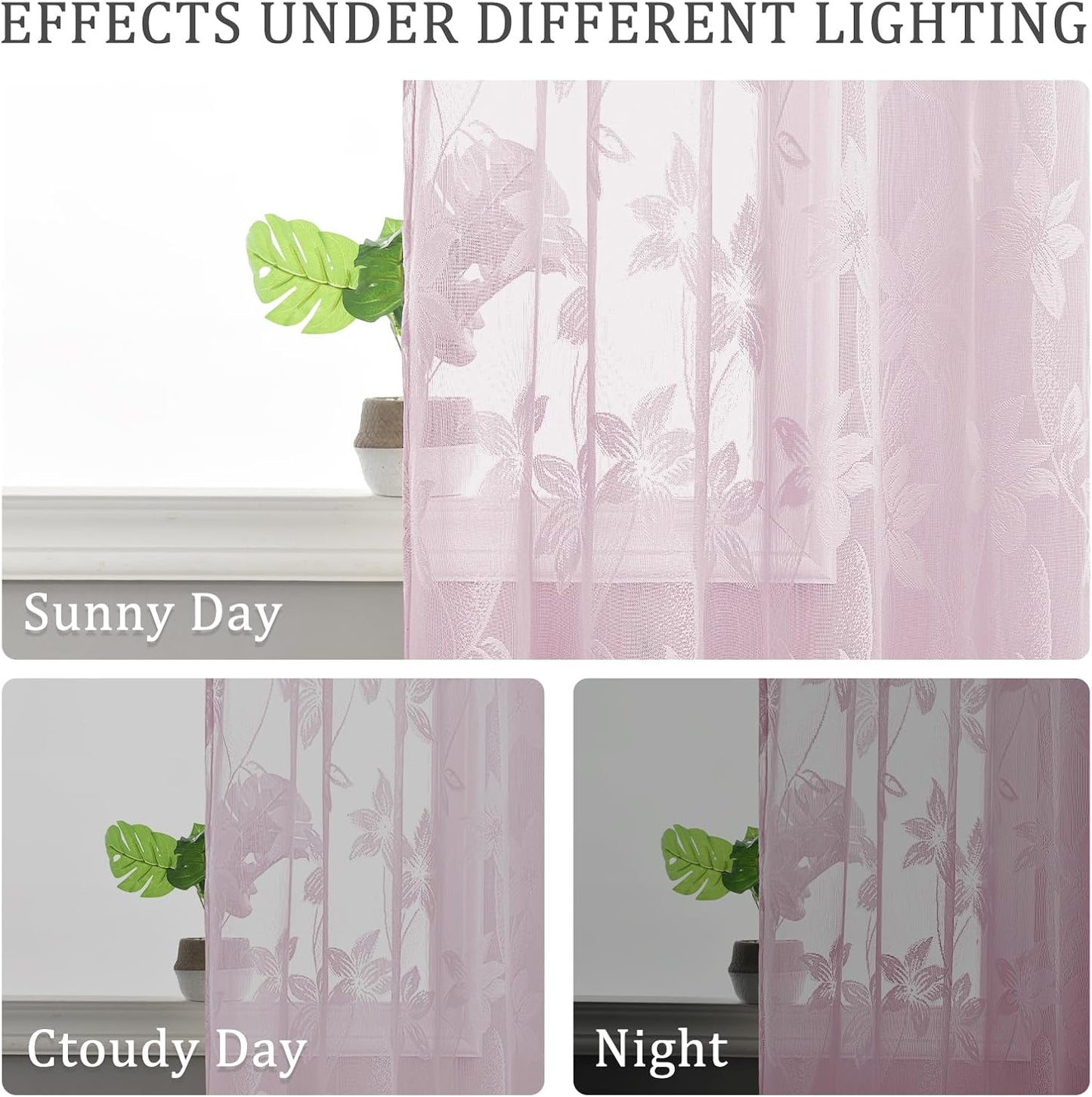 DWCN 2 Pack White Floral Lace Valances for Kitchen - Rod Pocket Half Window Sheer Curtains for Small Window Living Room Cafe, 42 x 18 inch, Sakura Pink