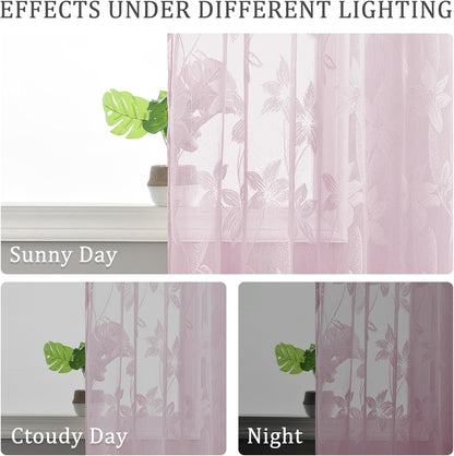 DWCN 2 Pack White Floral Lace Valances for Kitchen - Rod Pocket Half Window Sheer Curtains for Small Window Living Room Cafe, 42 x 18 inch, Sakura Pink