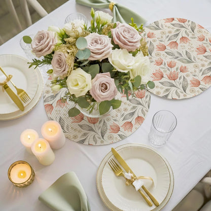 Peach Floral Round Placemats Set of 4 for Dinning Tables,Heat-Proof Braided Table Mats 15 Inch,Farmhouse Botanical Garden Flowers Washable Place Mat for Kitchen Restaurant Party Decor Table Setting
