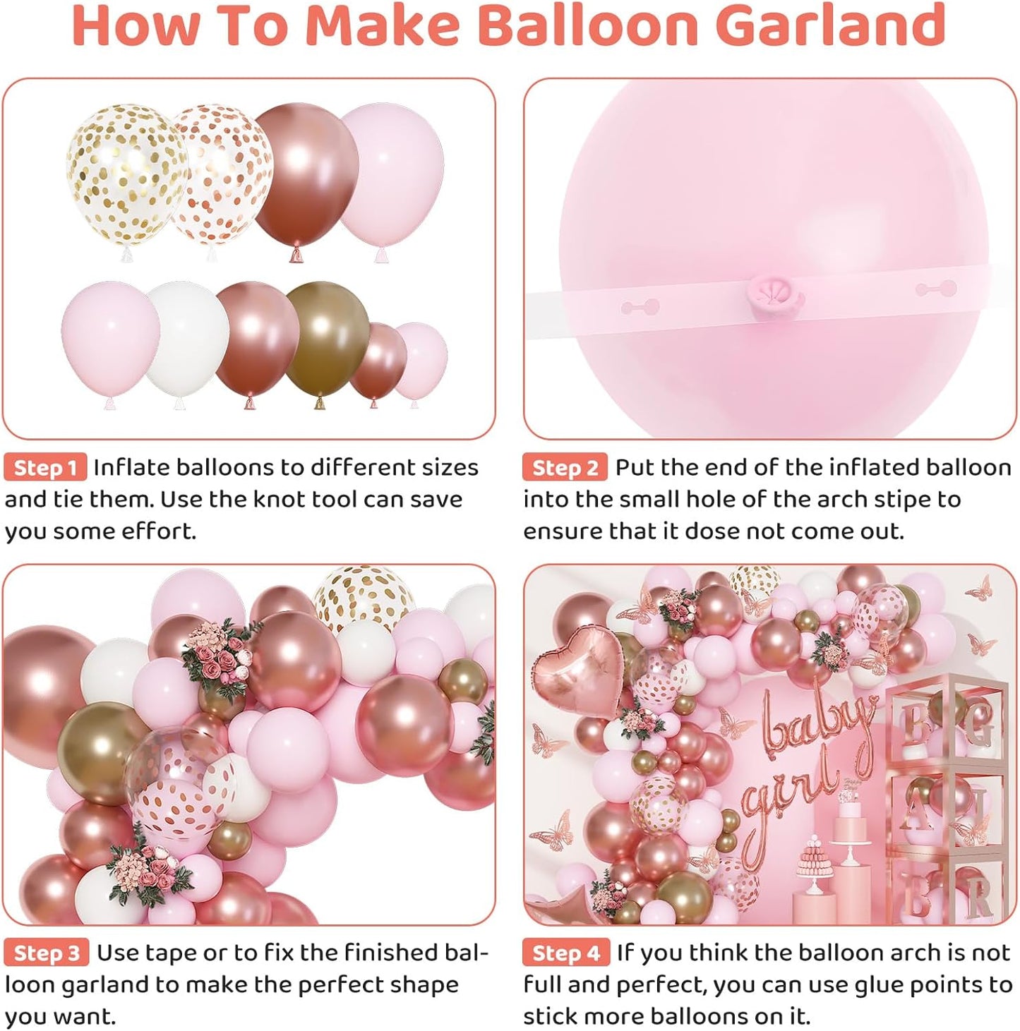 Amandir 134pcs Rose Gold Balloons Baby Shower Decorations for Girl Boxes, Butterfly Stickers Balloon Garland Arch Kit Baby Box with Letter (A-Z+Baby) for Women Birthday Bridal Party Decoration