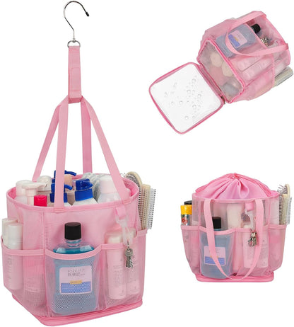 Shower Caddy Portable for College Dorm Room Essentials, Hanging Shower Caddy with Hook and Drawstring, Quick Dry Mesh Shower Bag with 6 Pockets for Bathroom, Swimming, Gym, Camping, Beach, Travel