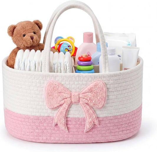 Diaper Caddy Organizer Cotton Rope Diaper Caddy Basket Pink Bow Empty Gift Basket Nursery Storage Bin and Car Organizer with Removable Divider Baby Shower Gifts Newborn Essentials