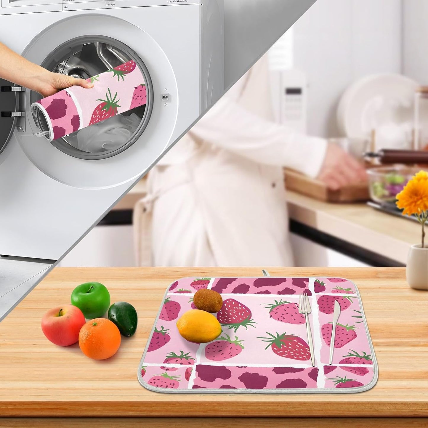 Strawberry Pink Leopard Pattern Dish Drying Mats for Kitchen Counter Mat 18x24 inch Microfiber Dish Drainer Mat Absorbent Draining Mat Rack Mat Dishes Pad