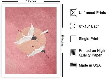 Poster Master Animal Poster - Minimalist Print - Flying Cranes, Birds, Pink Background, Peach Circle, Aesthetic - 8x10 UNFRAMED Wall Art - Gift for Artist, Friend - Wall Decor for Home, Office, Dorm