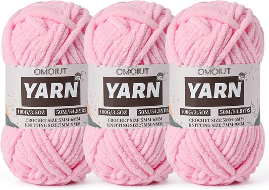 3 Pack Dark Pink Fluffy Chunky Chenille Crochet Yarn, Baby Yarn for Crocheting Soft Blanket, Bulky Velvet Yarn (100g/54.8yds Each), Plush Amigurumi Yarn for Knitting Crafts, Scarves, Puzzle