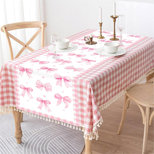 Pink Bow Theme Table Runner, Pink Linen Fabric Table Runner for Everyday Use 72 x 13 Inches, Washable Table Cover for Indoor Outdoor Kitchen Dining Table Home Decor