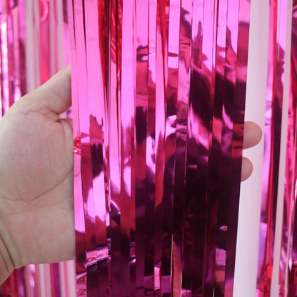 Valentine's Day Party Decorations, 3 Pack 3.2x8.2ft Hot Pink Metallic Foil Fringe Curtain Streamer Backdrop for Bachelorette Birthday Party Supplies