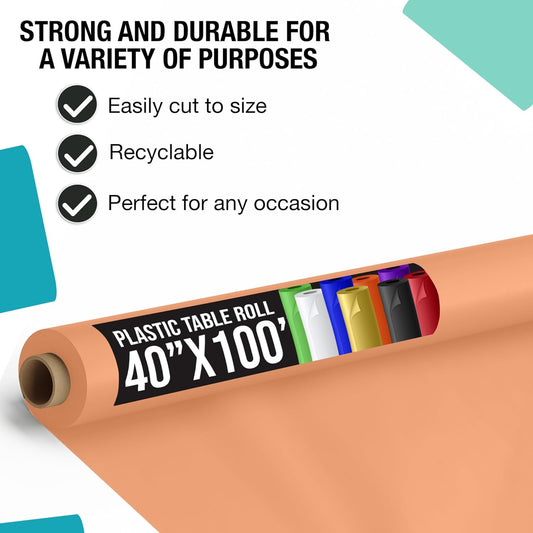 Exquisite Party Solids Peach Plastic Table Cover Roll 40" X 100' Table Cloth Plastic Cover Roll - Premium Quality Thick 0.5 MIL Banquet Rolls - Disposable Tablecloth Rolls