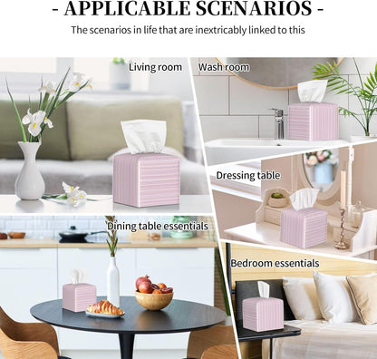 Pastel Light Pink Thin Stripes Pattern Tissue Box Cover Square Pu Leather Waterproof Tissue Box Holder for Car Bathroom Bedroom Office Tabletop Decor