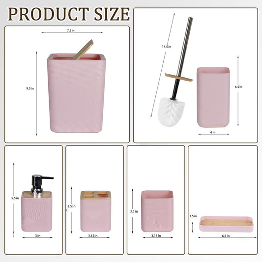 CERBIOR Bathroom Accessories Set 6 Piece Bamboo Bath Ensemble Includes Soap Dispenser, Toothbrush Holder, Toothbrush Cup, Soap Dish for Decorative Countertop and Housewarming Gift (Pink)