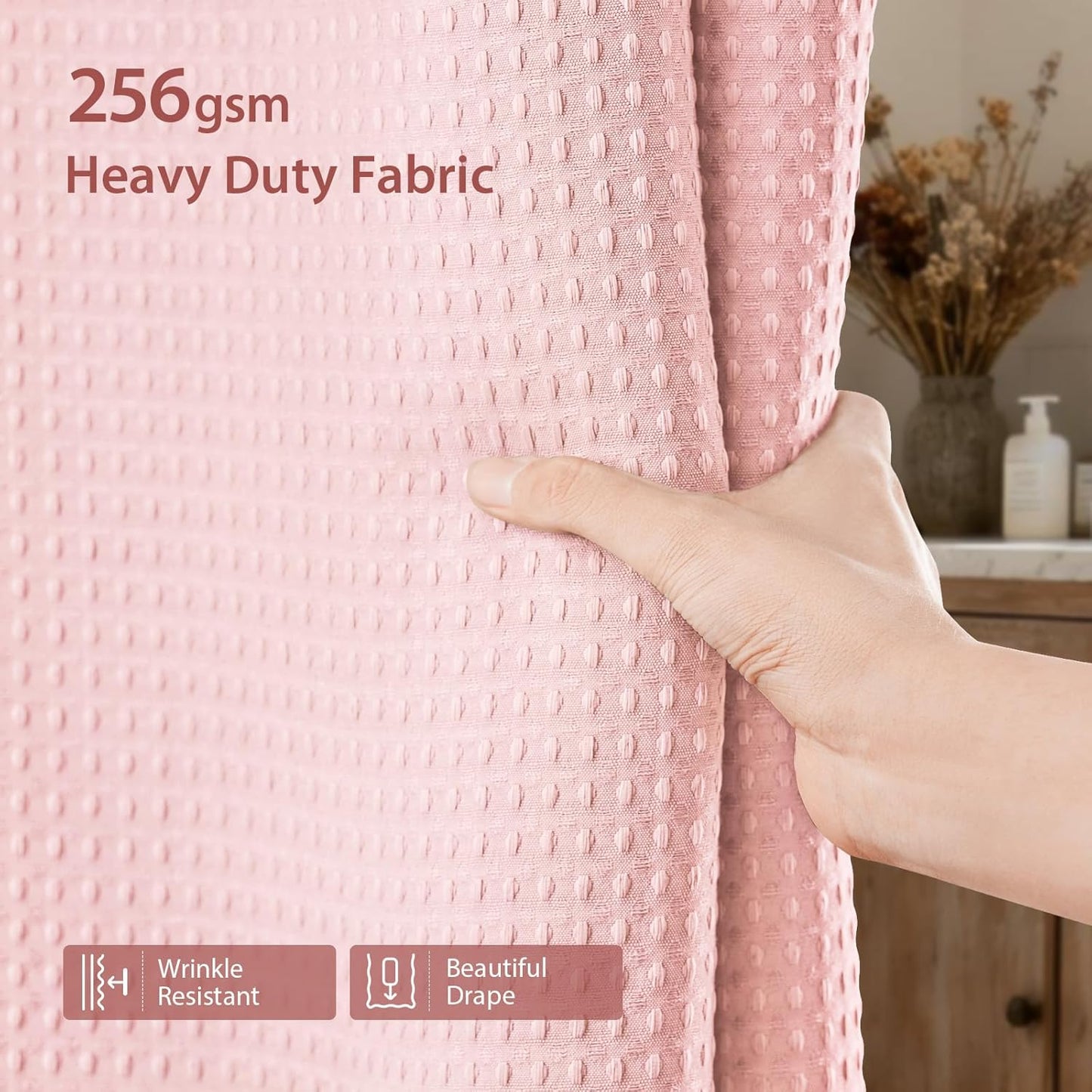 Dynamene Pink Scalloped Shower Curtain, Cute Black Scalloped Edge, Heavy Duty Waffle Fabric 256GSM, Modern Hotel Luxury Boho Farmhouse Shower Curtains for Bathroom, 12 Plastic Hooks, 72x72, Pink