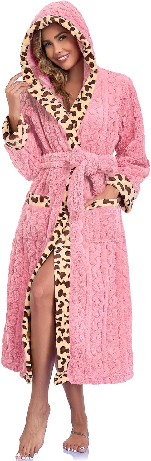 RONGTAI Womens Robe Soft Fuzzy Fleece Long Bathrobe Leopard Print Housecoat with Pockets & Belt S-XXL