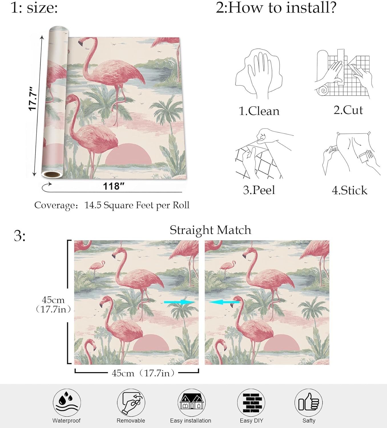 Flamingo Peel and Stick Wallpaper – Tropical Wallpaper with Pink Flamingo Sunset for Home Decor | 17.7" x 118", Self-Adhesive, Waterproof Vinyl