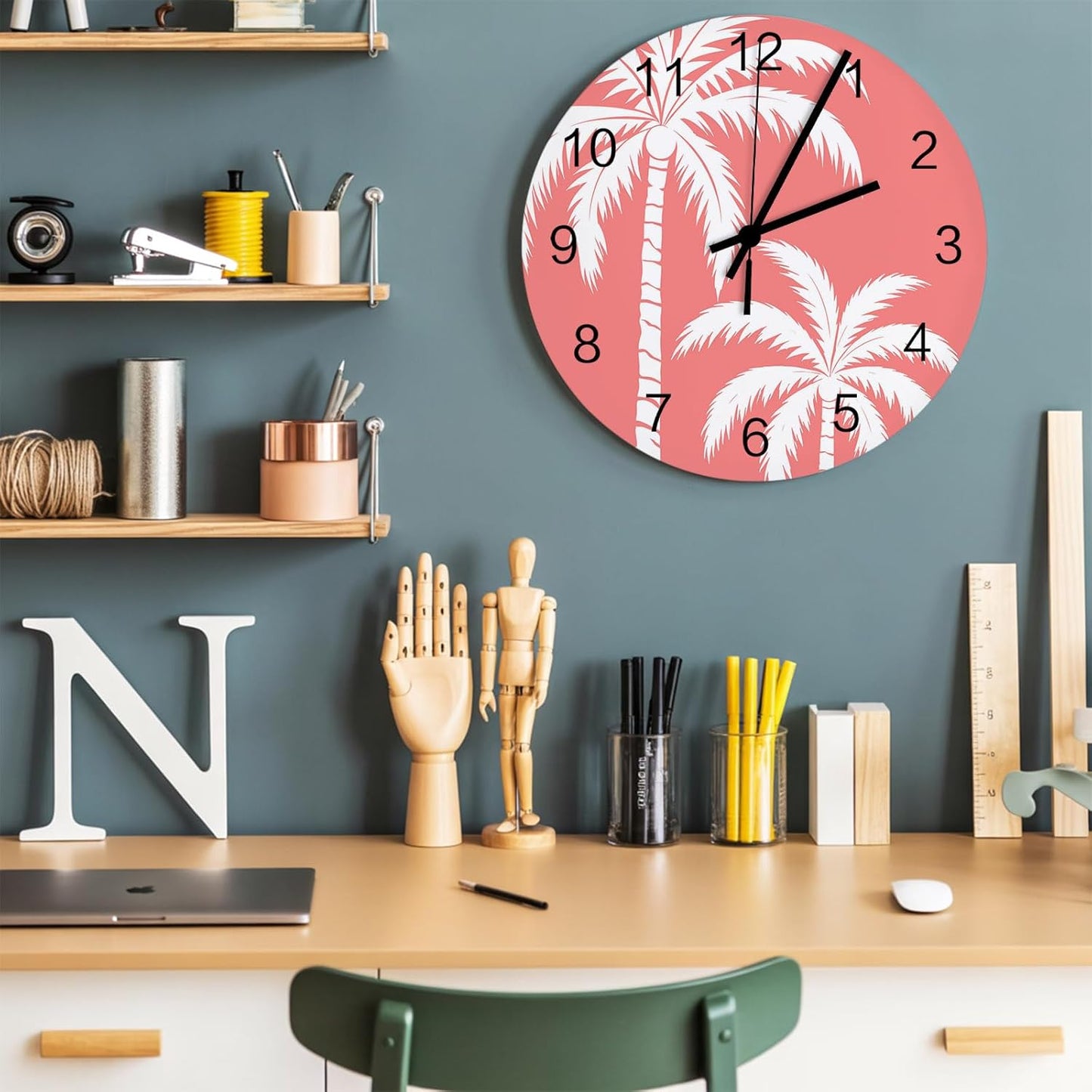 Coastal Palm Tree Wall Clock Battery Operated Non-Ticking 10" Round Wood Clocks, Tropical Plant Coral Pink Kitchen Wall Clock for School Bathroom Living Room Home Office Wall Decor