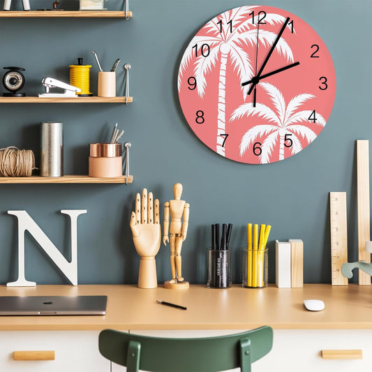 Coastal Palm Tree Wall Clock Battery Operated Non-Ticking 10" Round Wood Clocks, Tropical Plant Coral Pink Kitchen Wall Clock for School Bathroom Living Room Home Office Wall Decor