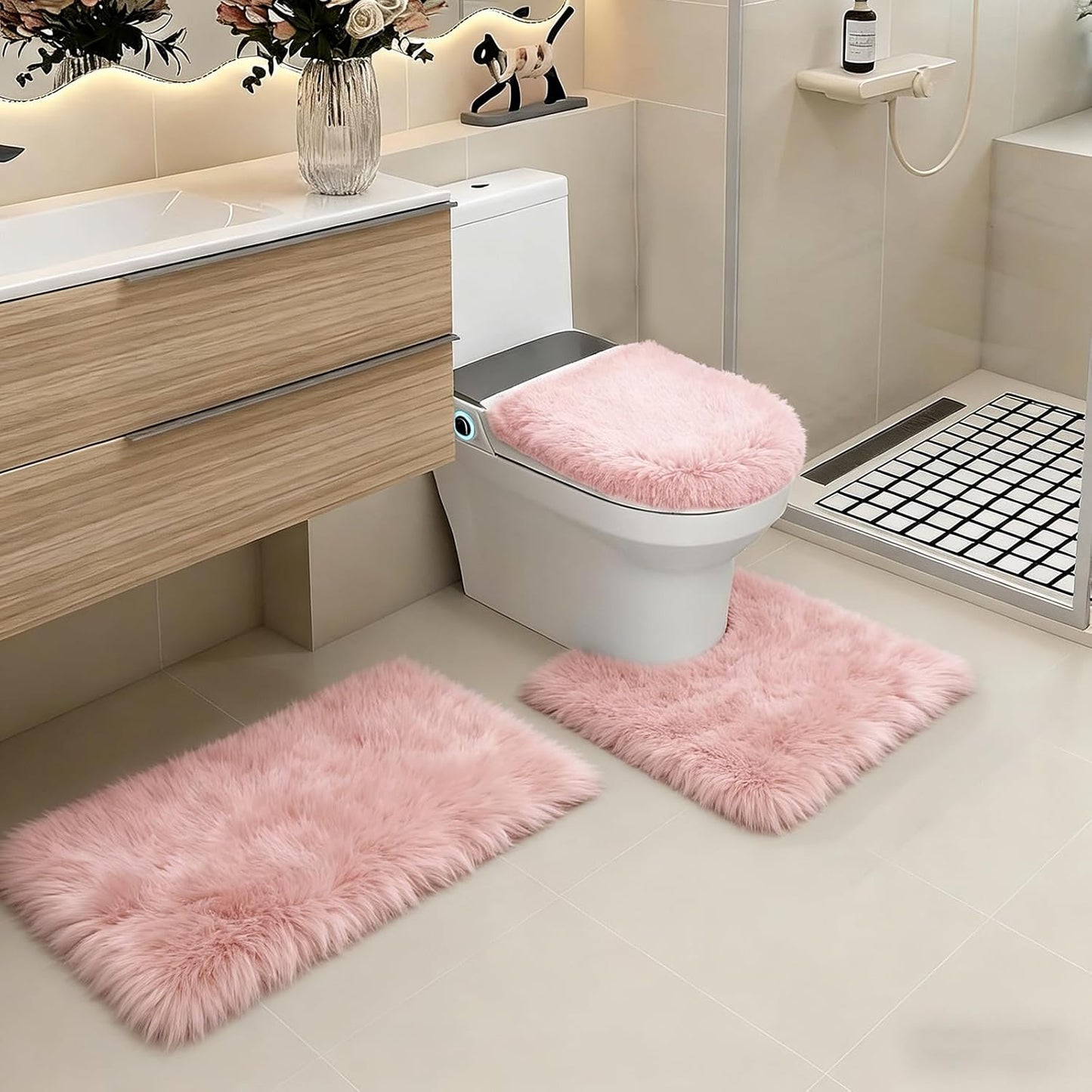 Shaggy Bathroom Rugs Sets 3Piece Bath Mat for Bathrom Non-Slip Bathrom Mats Water Absorbent Bath Rug Floor Mats Soft Washable Shower Rug with U-Shaped Contour Rug Toilet Lid Cover Light Pink