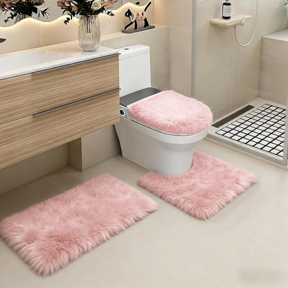 Shaggy Bathroom Rugs Sets 3Piece Bath Mat for Bathrom Non-Slip Bathrom Mats Water Absorbent Bath Rug Floor Mats Soft Washable Shower Rug with U-Shaped Contour Rug Toilet Lid Cover Light Pink