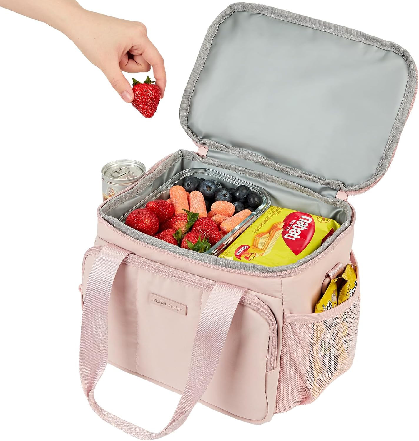 NISHEL Lunch Bag for Women, Insulated Leakproof Cooler Case with Detachable Shoulder Strap & Multiple Pocket, Easy-Clean PEVA Lining, Puffy Design for Work，Medium Size, Pink