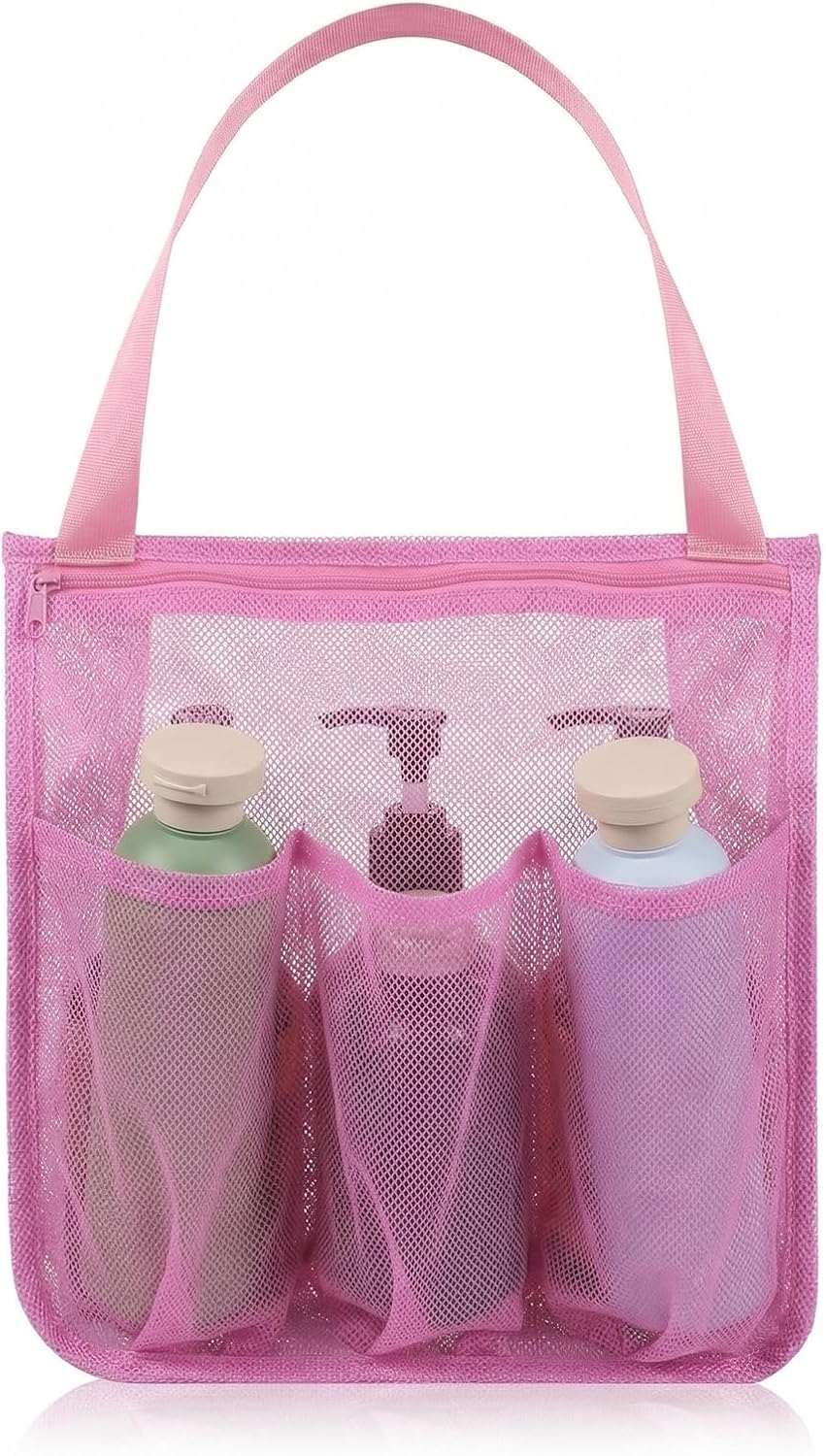 Small Shower Caddy, Portable Pink Mesh Shower Bag, Bathroom Showers Caddy for Gym, Travel, Toiletry, Camp, Swimming (11.8x10x3.5in)
