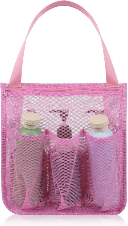 Small Shower Caddy, Portable Pink Mesh Shower Bag, Bathroom Showers Caddy for Gym, Travel, Toiletry, Camp, Swimming (11.8x10x3.5in)